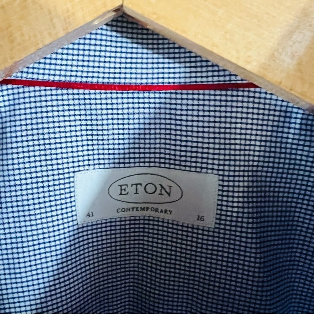 Eton of Sweden Contemporary Blue Checkered Long Sleeve Button Down Shirt Size 16 - Picture 8 of 8